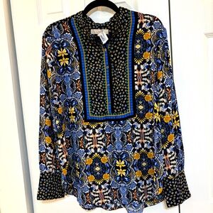 Blue and Yellow Vibrant Print Long Sleeve Blouse from LOFT